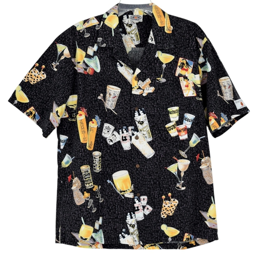 Pacific Legend Mens XL Black Hawaiian Shirt Bacardi Cocktail Tiki Vintage Camp
